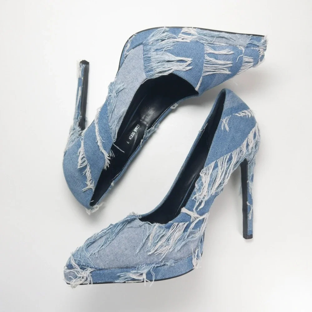 Azalea Wang Giada Denim Platform Pumps Womens 9 Frayed Patchwork Pointy Stiletto